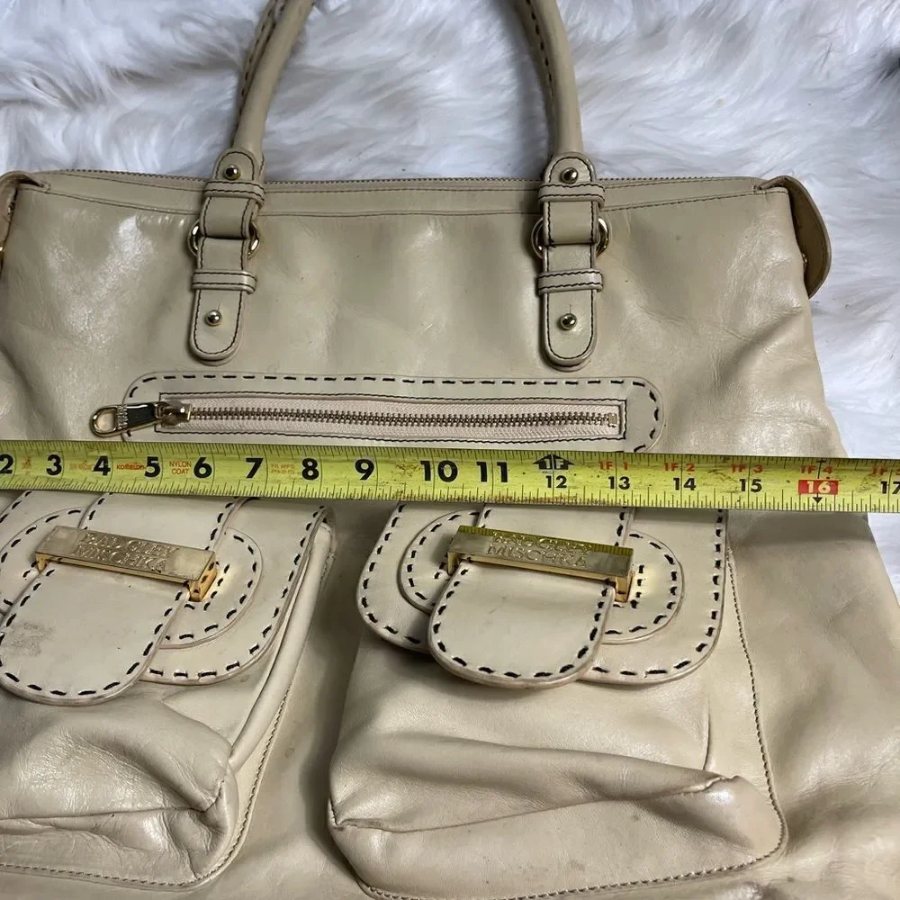 Badgley Mischka leather Beige extra large Satchel gold tone& brown stitch accent